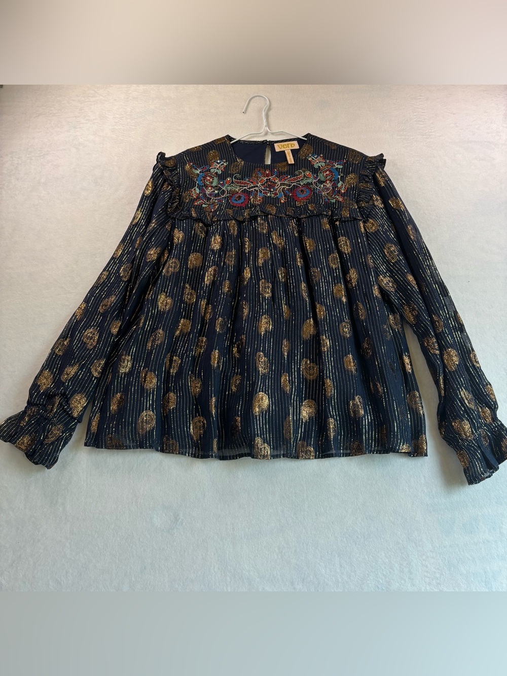 Verb Navy Blouse with Gold Metallic Polka Dots and Multicolor Embroidery